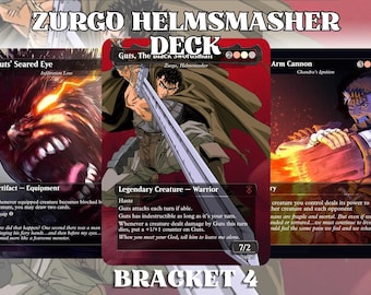 Może przedstawiać: Kolekcja trzech kart kolekcjonerskich zatytułowana ZURGO HELMSMASHER DECK BRACKET 4. Karty zawierają ilustracje w stylu anime przedstawiające wojownika z wielkim mieczem, świecącym okiem i mechanicznym działem na ramieniu oraz zasady gry.