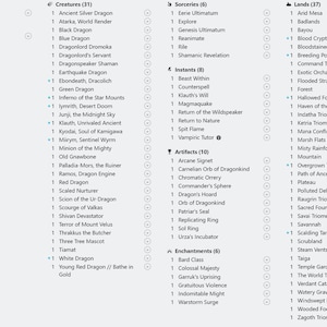 May include: A detailed list of Magic: The Gathering cards, categorized by type: Commander, Planeswalkers, Creatures, Sorceries, Instants, Artifacts, Enchantments, and Lands. The text is in a clear, easy-to-read format.