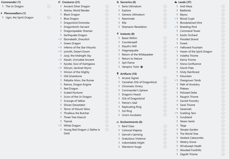 May include: A detailed list of Magic: The Gathering cards, categorized by type: Commander, Planeswalkers, Creatures, Sorceries, Instants, Artifacts, Enchantments, and Lands. The text is in a clear, easy-to-read format.
