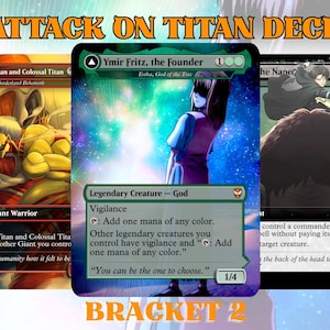 May include: Three Attack on Titan themed trading cards. The cards feature illustrations of characters and creatures from the anime series. The text "ATTACK ON TITAN DECK" and "BRACKET 2" are visible.