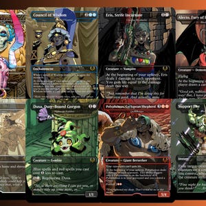 May include: A collection of eight Magic: The Gathering cards featuring artwork of various characters. The cards display text and illustrations, with a variety of colours and designs. The cards are from the "Hades" set.