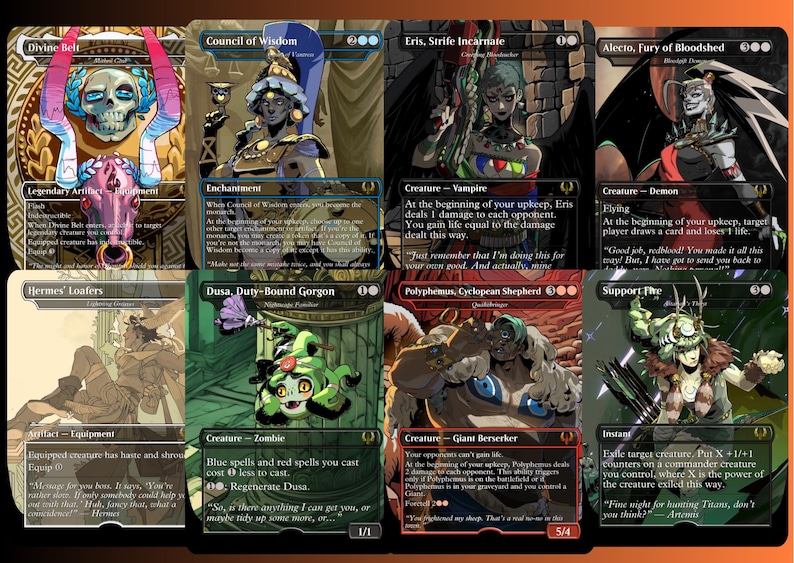 May include: A collection of eight Magic: The Gathering cards featuring artwork of various characters. The cards display text and illustrations, with a variety of colours and designs. The cards are from the "Hades" set.
