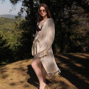 NuN Sîma | Beige Silk Chiffon Kaftan Dress | One of a Kind | Ethereal Summer Cover-Up | Bohostyle | Resortwear