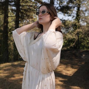 NuN Nûra | Cream Gold Silk Chiffon Kaftan Dress | One of a Kind | Elegant Summer Cover-Up | Bohostyle | Resortwear