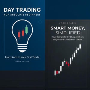 May include: Two book covers. The left cover has the text "DAY TRADING FOR ABSOLUTE BEGINNERS" and a lightbulb graphic with red and green bars. The right cover reads "SMART MONEY, SIMPLIFIED" with a stock chart.