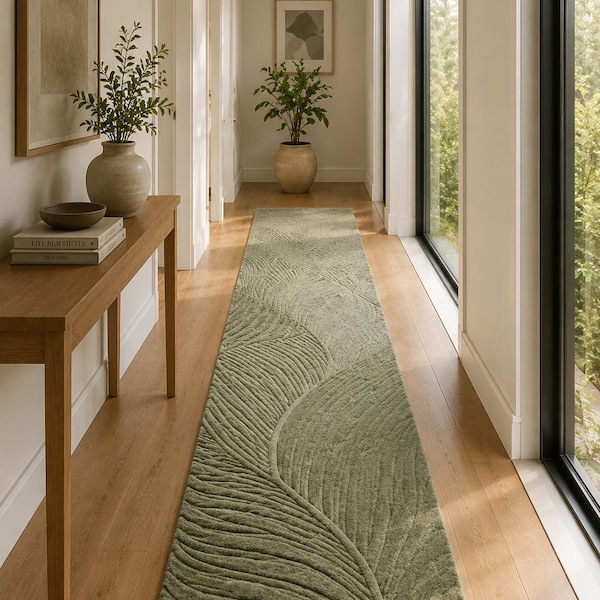 Hand Tufted Wool Runner Rug, Modern Leaf Pattern Hallway Carpet, New Zealand Wool