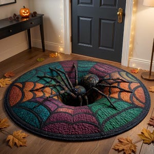 May include: A round, quilted floor mat featuring a 3D-effect spider web design in shades of teal, purple, and orange. A large, dark, textured spider is positioned in the center, appearing to emerge from a deep hole in the web pattern.