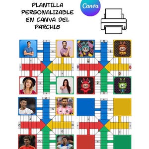 Puede incluir: Una plantilla de juego de mesa Parchís con retratos de jugadores y el logotipo de Canva. El tablero presenta cuadrados rojos, azules, amarillos y verdes, con un icono de impresora en la esquina superior derecha. El texto dice "Plantilla Personalizable en Canva del Parchis."