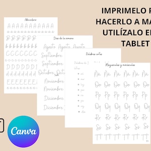 Puede incluir: Hojas de práctica de escritura a mano imprimibles con el alfabeto, los días de la semana y palabras cortas. Las hojas incluyen letras mayúsculas y minúsculas. La imagen también incluye el logotipo de Canva y el texto "IMPRIMELO PARA HACERLO A MANO O UTILÍZALO EN TU TABLET."
