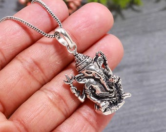 Handmade Oxidized Sterling Silver Ganesha Pendant – Hindu God Necklace