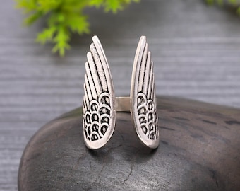 Angel Wing Ring, Boho Gothic Adjustable Silver Ring