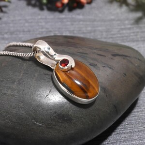 May include: A silver pendant necklace with an oval tiger's eye stone, displaying brown and gold stripes. A small, round, red gemstone is set above the tiger's eye. The pendant hangs from a silver chain.