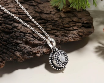 Rainbow Moonstone Pendant Necklace • Sterling Silver Open Box Design • Boho Mandala Moonstone Jewelry •