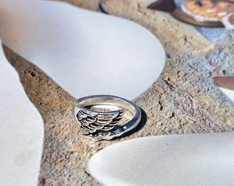 Anillo de plata de ley con alas de ángel – Banda ajustable con plumas, joyería de protección