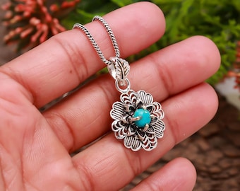 Collar con colgante de flor turquesa – Collar floral de plata de ley, joyería con piedra natal de diciembre /
