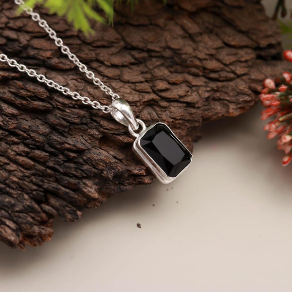Natural Black Onyx Pendant Necklace • Sterling Silver Bezel Set Gemstone • Minimalist Crystal Jewelry |