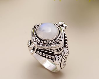 Anillo de veneno de piedra lunar natural en plata de ley 925: anillo vintage con compartimento secreto.