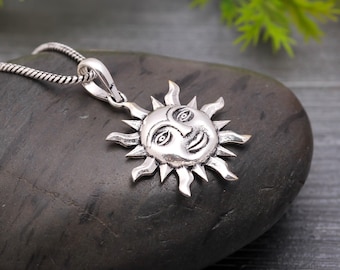 925 Sterling Silver Sun Face Pendant Necklace: Boho Celestial Charm