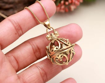 18K Gold Harmony Ball Necklace • Filigree Angel Caller Pendant • Mexican Bola Necklace