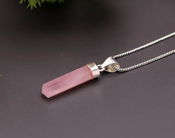 925 Sterling Silver Rose Quartz Pendant Necklace – Natural Pink Crystal Pencil Point |
