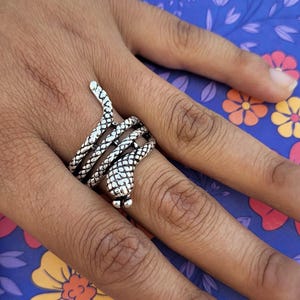 Könnte beinhalten: Ein silberner Schlangenring, der sich um einen Finger windet. Der Ring hat ein detailliertes Schlangendesign mit strukturiertem Körper und erhobenem Kopf. Der Ring wird an einer Hand vor einem floral gemusterten Hintergrund getragen.