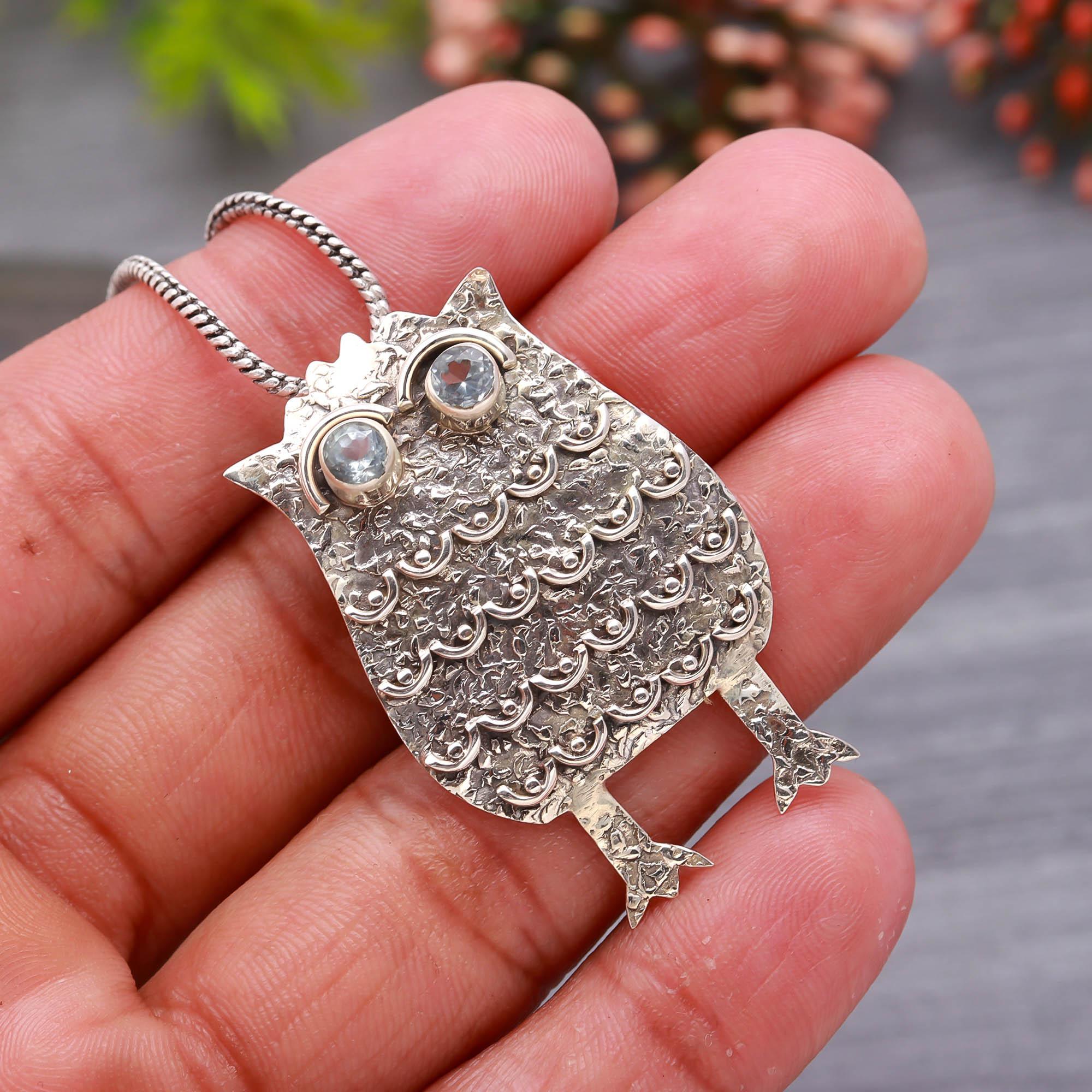 Sterling Silver Blue Topaz Owl Pendant: Artisan Crafted Jewelry