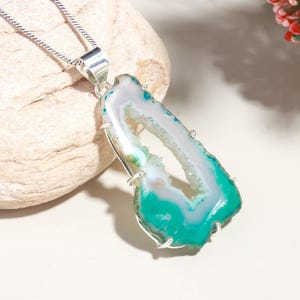 Natural Agate Geode Pendant Necklace – 925 Sterling Silver Druzy Crystal Slice, Raw Stone Jewelry |