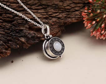Regenbogen Mondstein Pill Box Locket Halskette | Sterling Silber Geheimfach Anhänger |