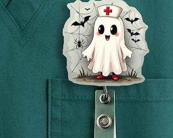 Halloween Ghost Nurse Badge Reel, Bats, Acrylic