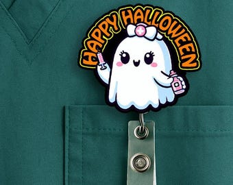 Halloween Ghost Nurse Badge Reel, Acrylic Alligator Clip