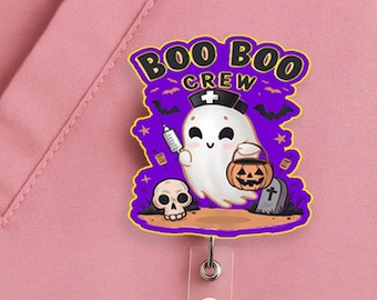 Halloween Nurse Badge Reel, Boo Crew Ghost, Acrylic Clip