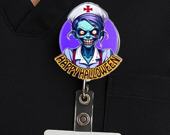 Zombie Nurse Badge Reel: Scary Halloween Acrylic Clip