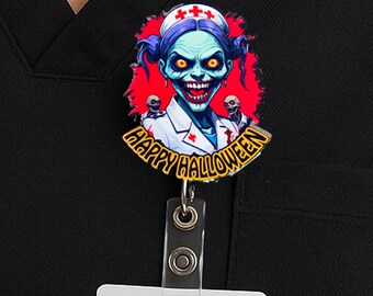 Zombie Nurse Badge Reel: Scary Halloween Acrylic Clip