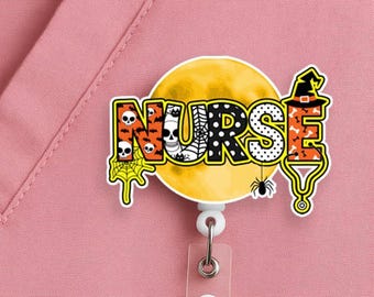 Halloween Nurse Badge Reel, Acrylic Retractable ID Holder, Spooky Design