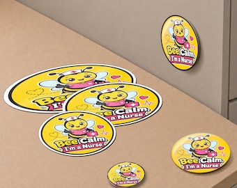 Nurse Gift Bundle, Bee Calm Badge Reel Button Magnet Sticker Set