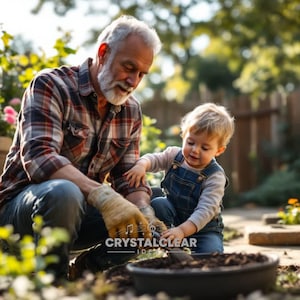 May include: An older person with a white beard wearing a plaid shirt and tan work gloves, and a young child in denim overalls, both kneeling together while gardening in a dark circular planter filled with soil in an outdoor setting.