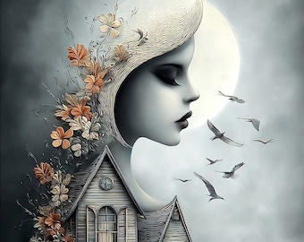 Download digitale di un sogno surreale al chiaro di luna – Stampa artistica da parete fantasy di una casa incantata e di una silhouette femminile