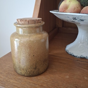 Peut inclure: Un petit pot en céramique beige avec un bouchon en liège. Le pot a un corps arrondi et une base légèrement plus foncée. Le bouchon en liège est de couleur marron clair. Le pot est posé sur une surface en bois. Un compotier décoratif blanc et bleu est en arrière-plan.