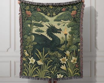 Dragon Woven Blanket Medieval Fantasy Tapestry Throw, Gothic Mythical Dragon Artwork Blanket, Cottagecore Home Decor, Gift for Booklovers