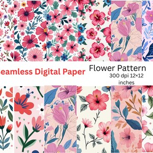 Peut inclure: Douze motifs de papier numérique sans couture avec des motifs floraux. Les motifs présentent des fleurs roses, rouges et bleues, avec des feuilles vertes. Le texte "Flower Pattern 300 dpi 30.48cm x 30.48cm" est affiché.