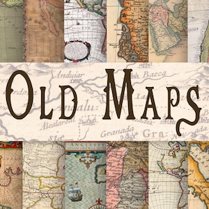 Peut inclure: Un collage de cartes anciennes sur fond crème. Les mots "Old Maps" sont affichés en marron foncé, dans une police ornée. Les cartes présentent diverses couleurs et motifs, notamment des navires et du texte.