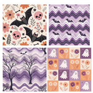 Peut inclure: Un ensemble de quatre motifs carrés sur le thème d'Halloween. L'un présente des chauves-souris, des crânes et des fleurs sur fond crème. Un autre a des lignes ondulées violettes et des chauves-souris. Un troisième montre des arbres nus.