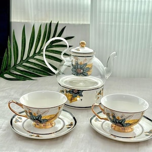Floral Glass Teapot Set with Ceramic Warmer: Elegant Tea Party
