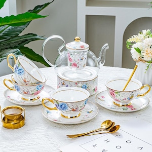 Floral Glass Teapot Set with Ceramic Warmer & Coffee Cups