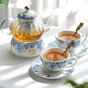 Floral Glass Teapot Set with Ceramic Warmer: Elegant Tea & Coffee