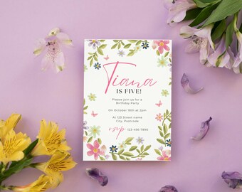 Editable Birthday Invitation | Floral 5th Birthday Party Invite | Girls Birthday Invitation | Canva Template | 5x7 Digital Download
