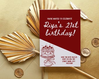 Editable 21st Birthday Invitation | Canva Template | Modern Birthday Party Invite | 5x7 Printable Digital Download