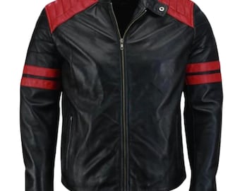 Mens Real Leather Jacket Red & Black Motorcycle Bikers Jackets