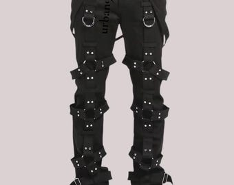 Men's Black Gothic Cargo Pants: Straps & Chains, Baggy Streetwear