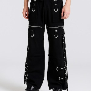 Unisex Schwarze Gothic Hose Verstellbare Träger und Ketten Dark Gothic Baggy Cargo